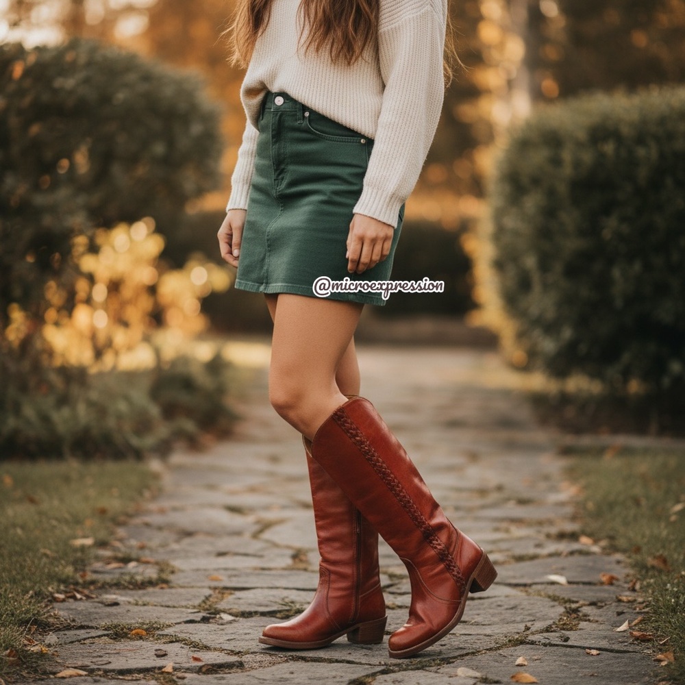 VINTAGE 1970s Frye Leather Red-Brown Leather Braided Knee High Block Heel Boot